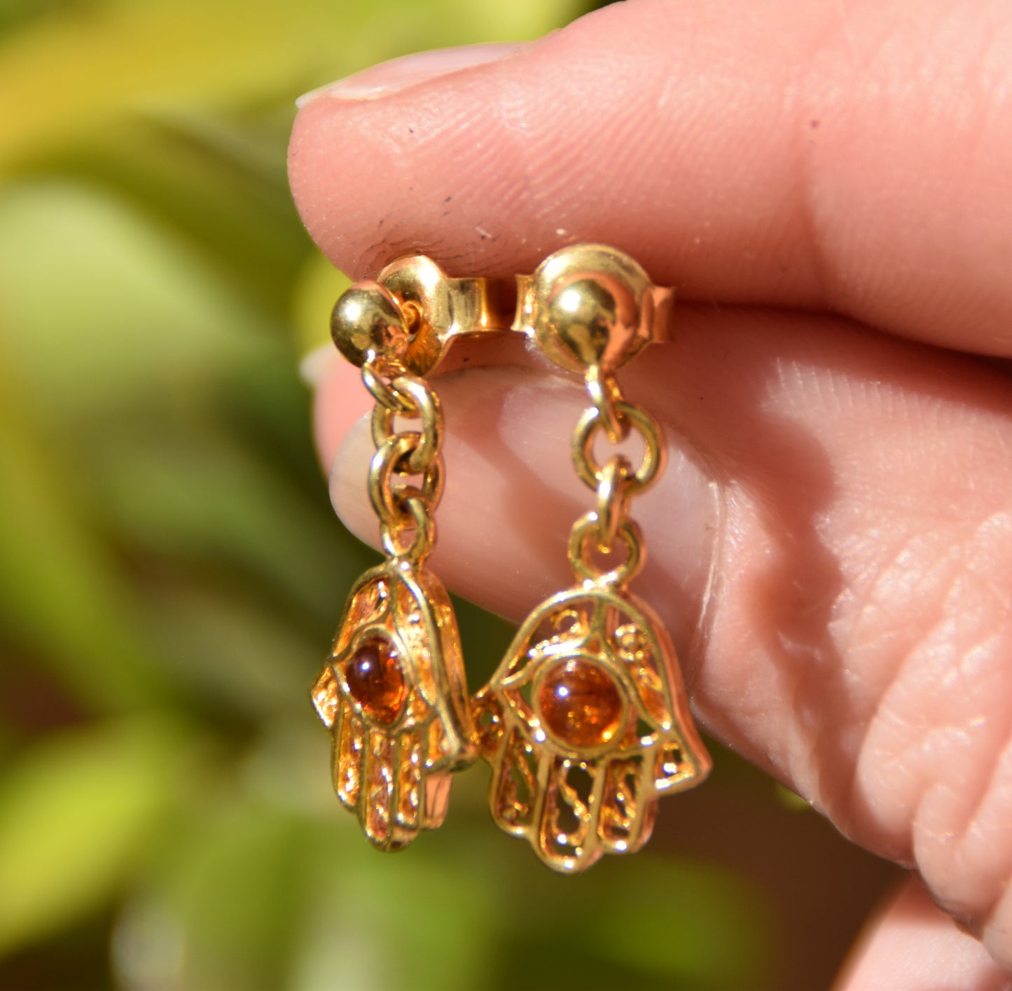 MJ Baltica, earrings, natural Baltic Amber, 925 Silver, 14k Gold plated, hand of Fatima, handcrafted, filigree, BZK061