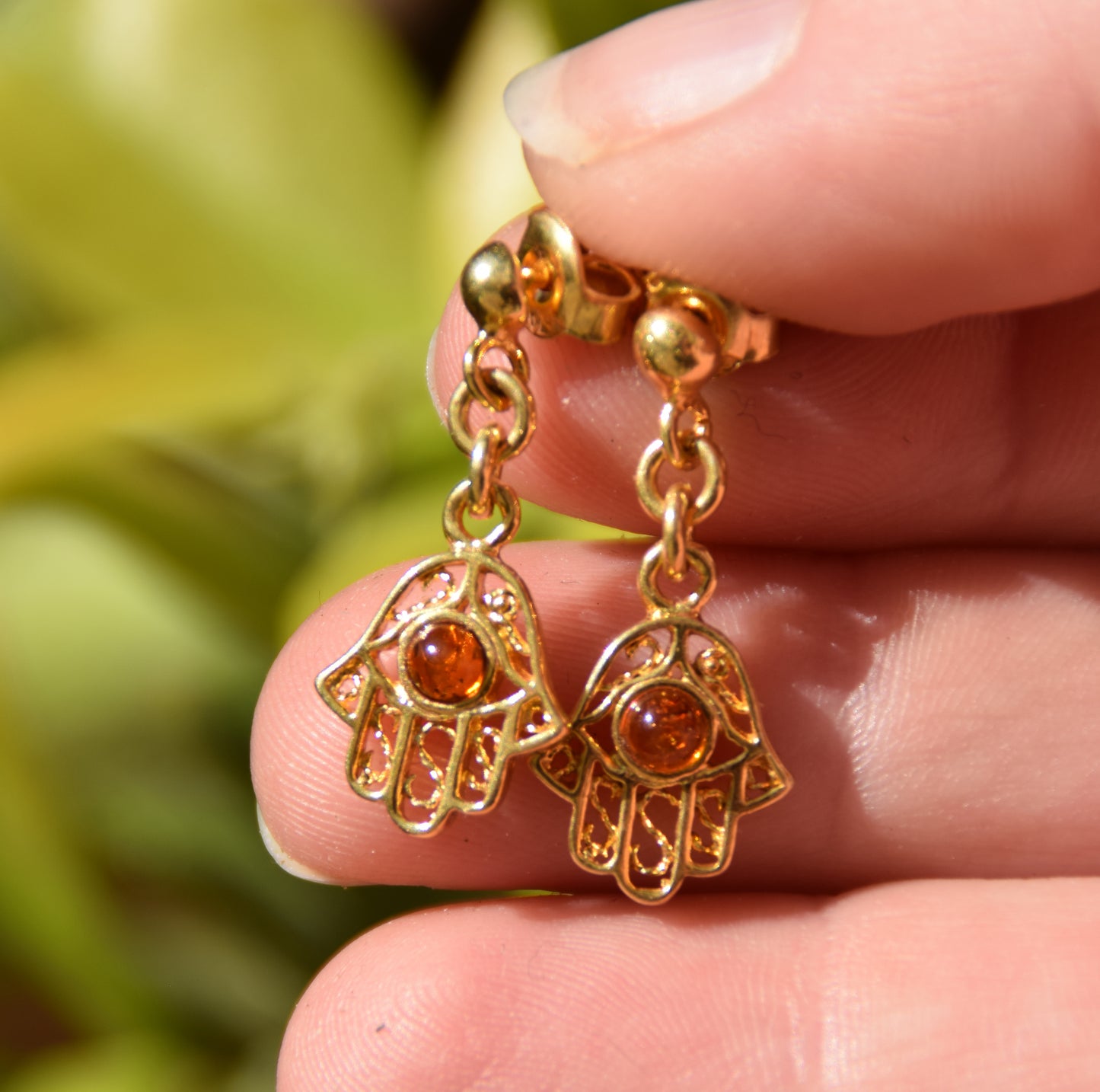 MJ Baltica, earrings, natural Baltic Amber, 925 Silver, 14k Gold plated, hand of Fatima, handcrafted, filigree, BZK061