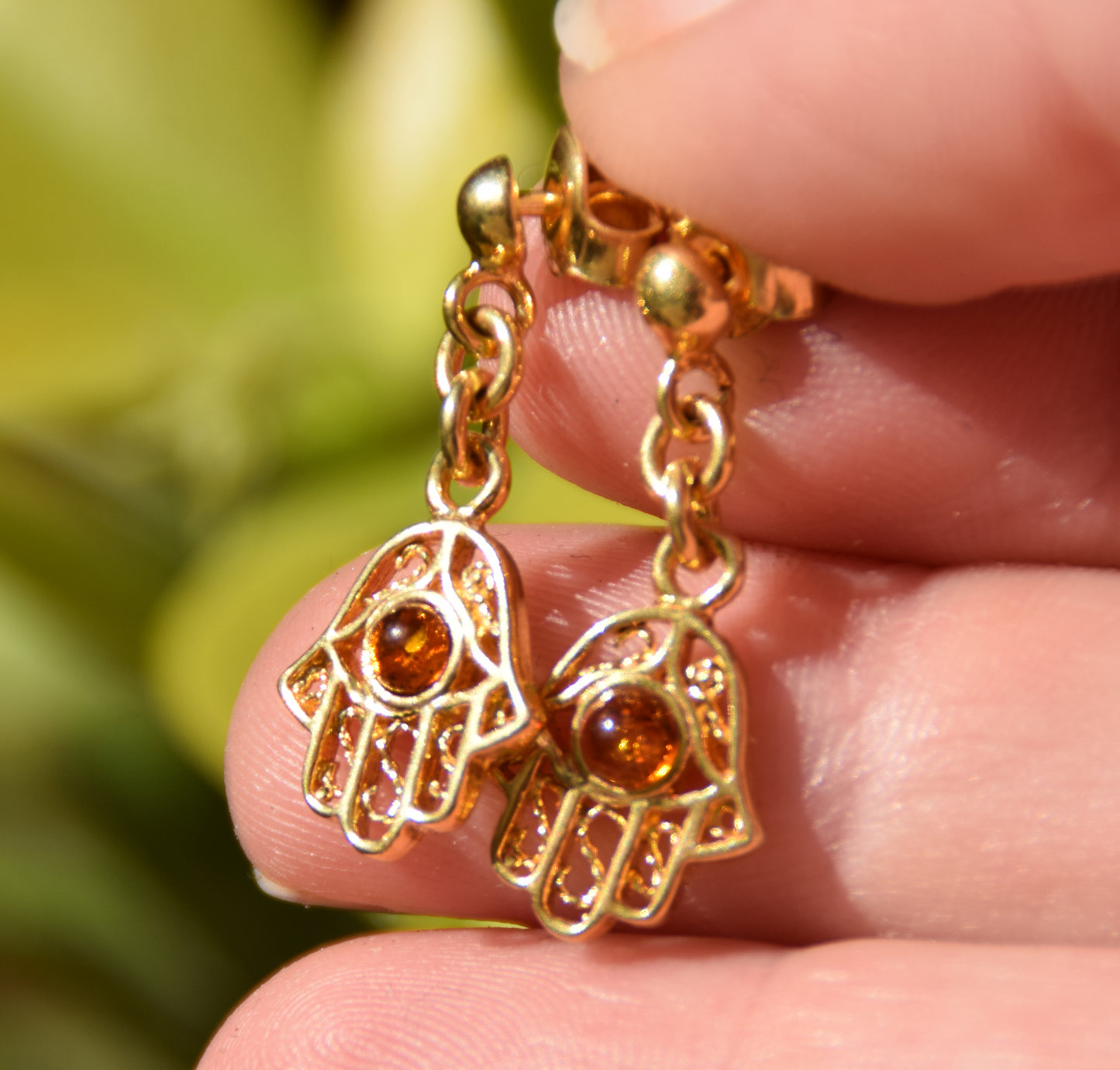 MJ Baltica, earrings, natural Baltic Amber, 925 Silver, 14k Gold plated, hand of Fatima, handcrafted, filigree, BZK061