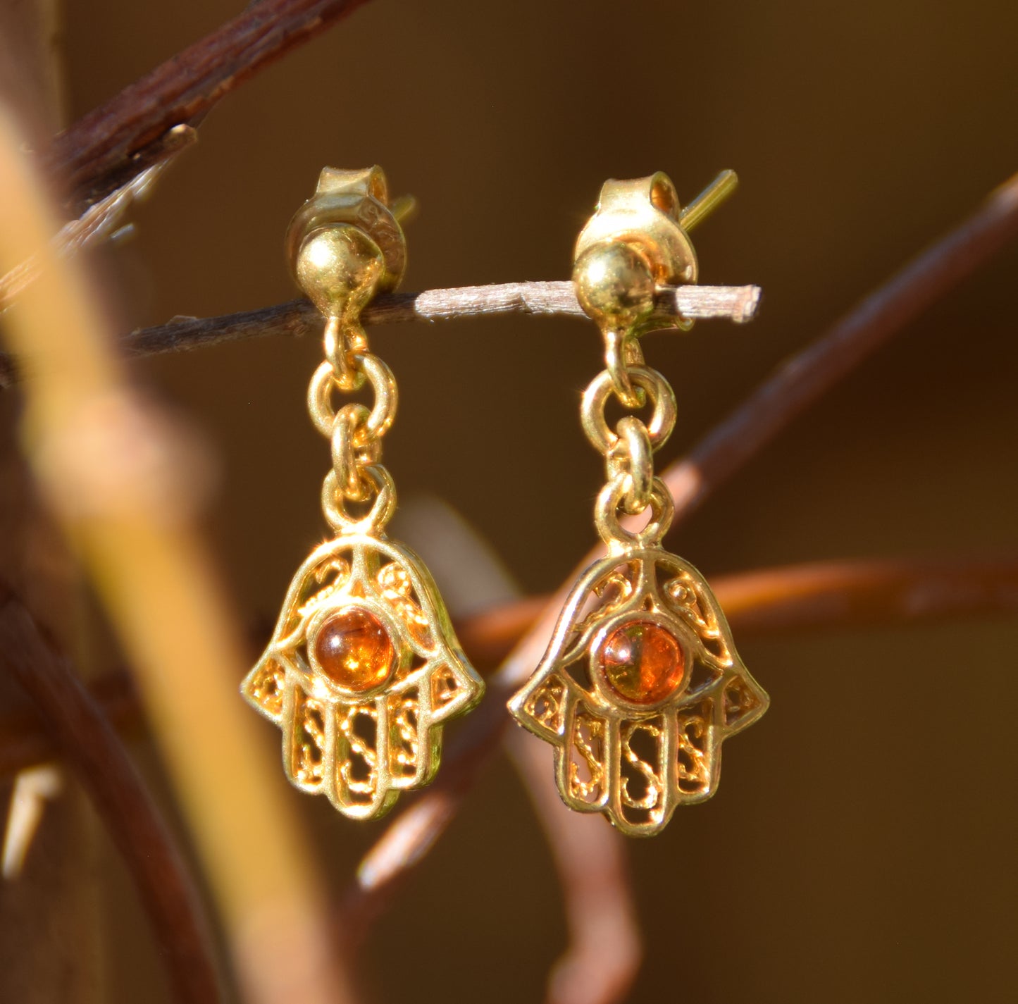 MJ Baltica, earrings, natural Baltic Amber, 925 Silver, 14k Gold plated, hand of Fatima, handcrafted, filigree, BZK061