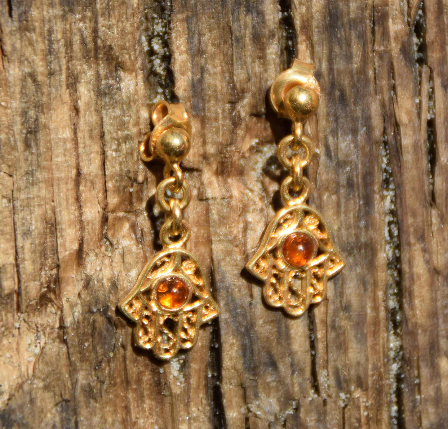 MJ Baltica, earrings, natural Baltic Amber, 925 Silver, 14k Gold plated, hand of Fatima, handcrafted, filigree, BZK061
