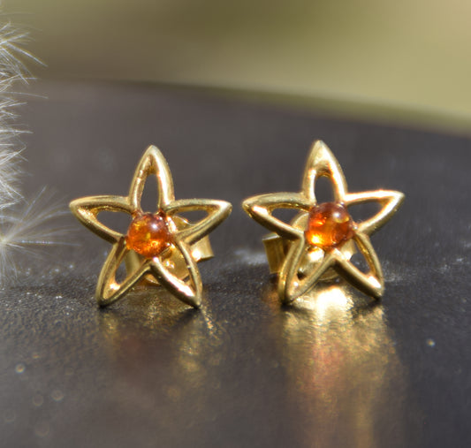MJ Baltica, orecchini, Ambra naturale Baltica, Argento 925, placcato in Oro 18k, stella, artigianale, BZK066