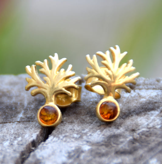 MJ Baltica, orecchini, Ambra naturale Baltica, Argento 925, placcato in Oro 18k, albero della vita, artigianale, a lobo, BZK070