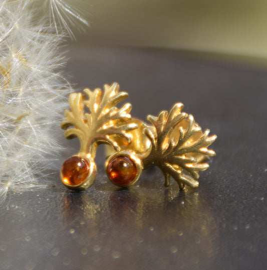 Cognac Baltic Amber Tree of Life Earrings in 18K Gold Plated 925 Sterling Silver, MJ Baltica, BZK070