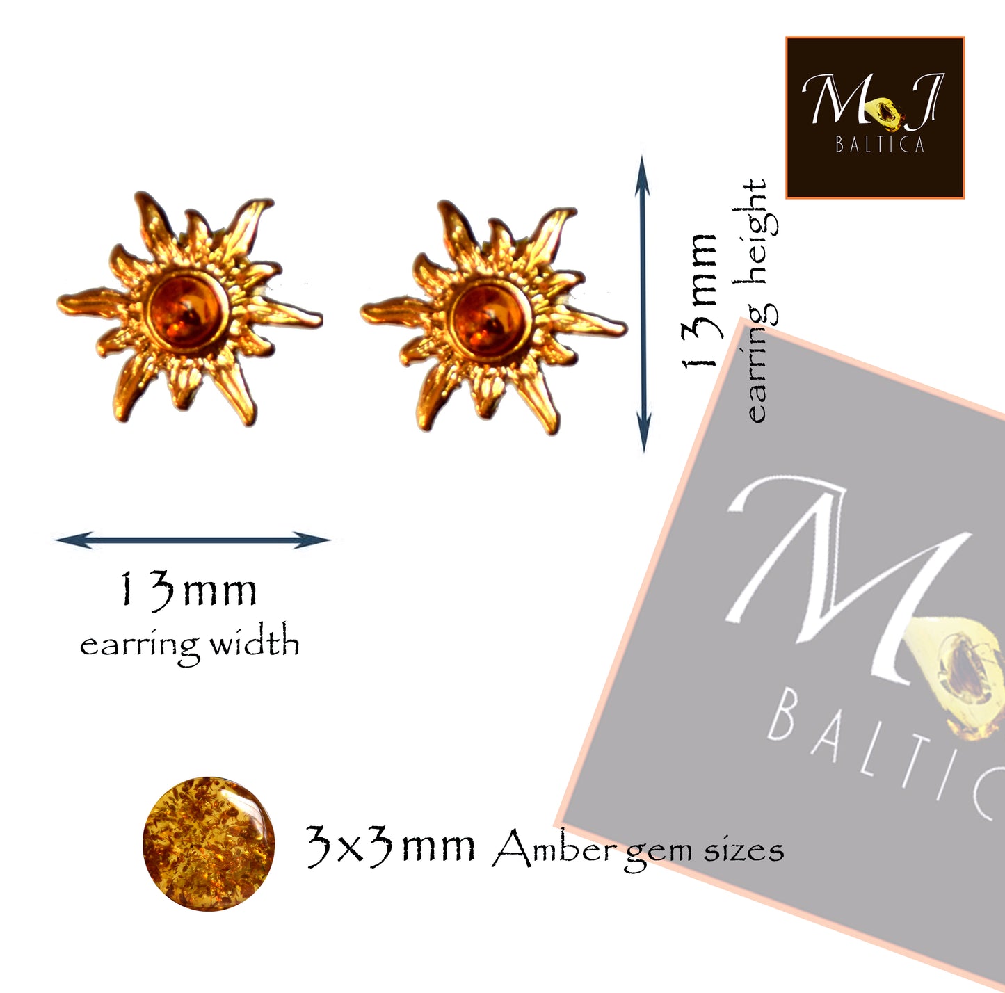 Orecchini a forma di sole con Ambra naturale color cognac e Argento 925 placcato in Oro 18k, MJ Baltica, BZK072