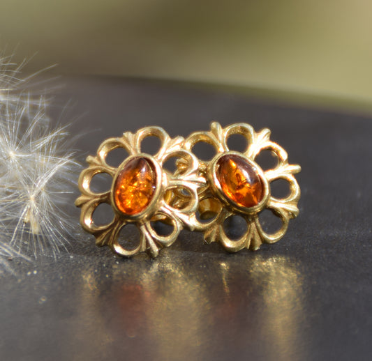 MJ Baltica, orecchini, Ambra naturale Baltica, Argento 925, placcato in Oro 18k, vintage, elegante, artigianale, BZK073