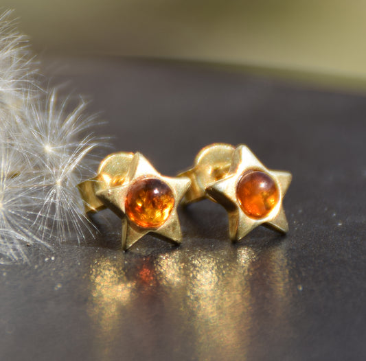 MJ Baltica, orecchini, Ambra naturale Baltica, Argento 925, placcato in Oro 18k, stella, stellina, delicata, dolce, BZK074