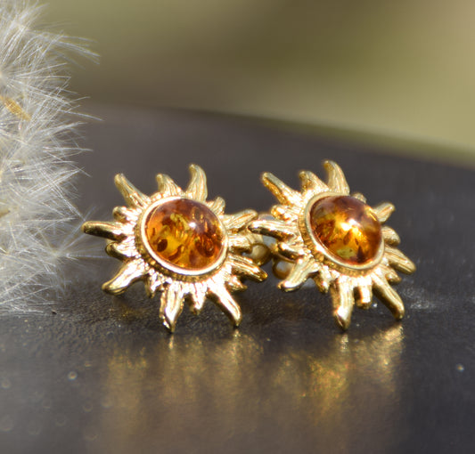 MJ Baltica, orecchini, Ambra naturale Baltica, Argento 925, placcato in Oro18k, sole, a lobo, luminoso, BZK075