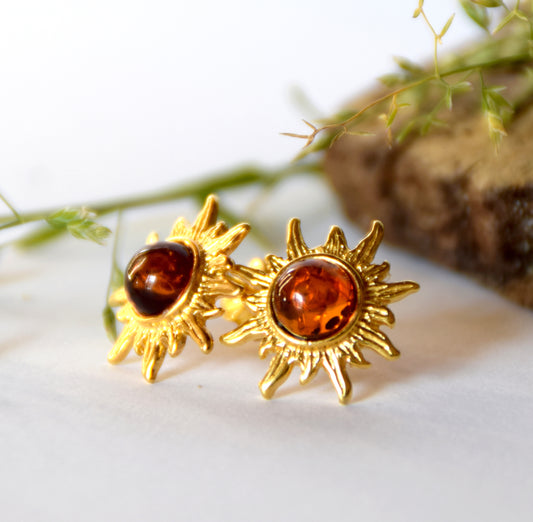 MJ Baltica, earrings, natural Baltic Amber, 925 Silver, 14k Gold plated, sun, lobe, luminous, BZK072