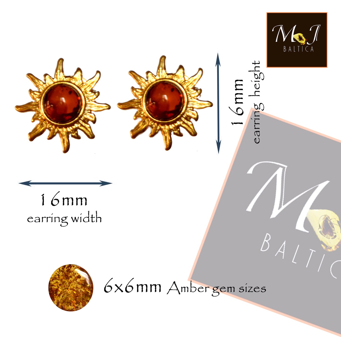 MJ Baltica, orecchini, Ambra naturale Baltica, Argento 925, placcato in Oro14k, sole, a lobo, luminoso, BZK075