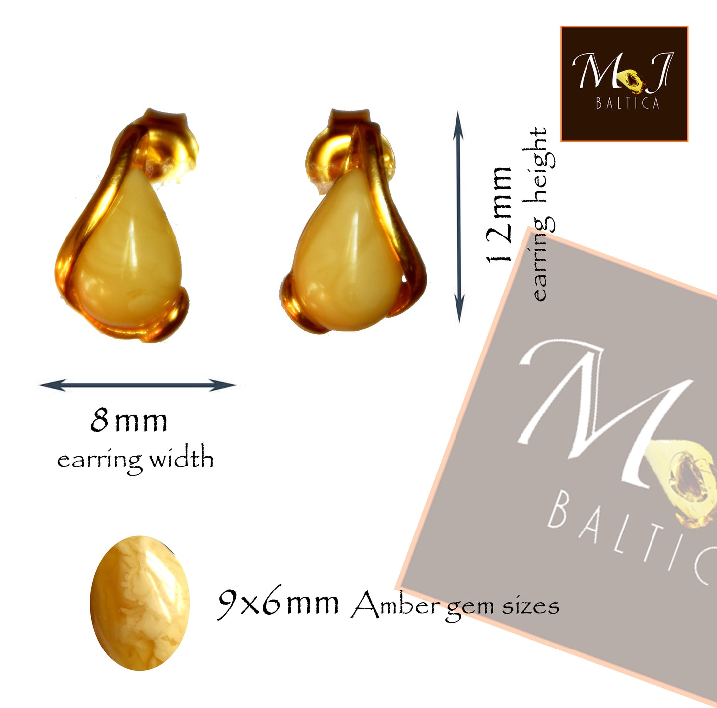 Orecchini a goccia con Ambra naturale imperiale color crema e Argento 925 placcato in Oro 18 carati, MJ Baltica, BZK076