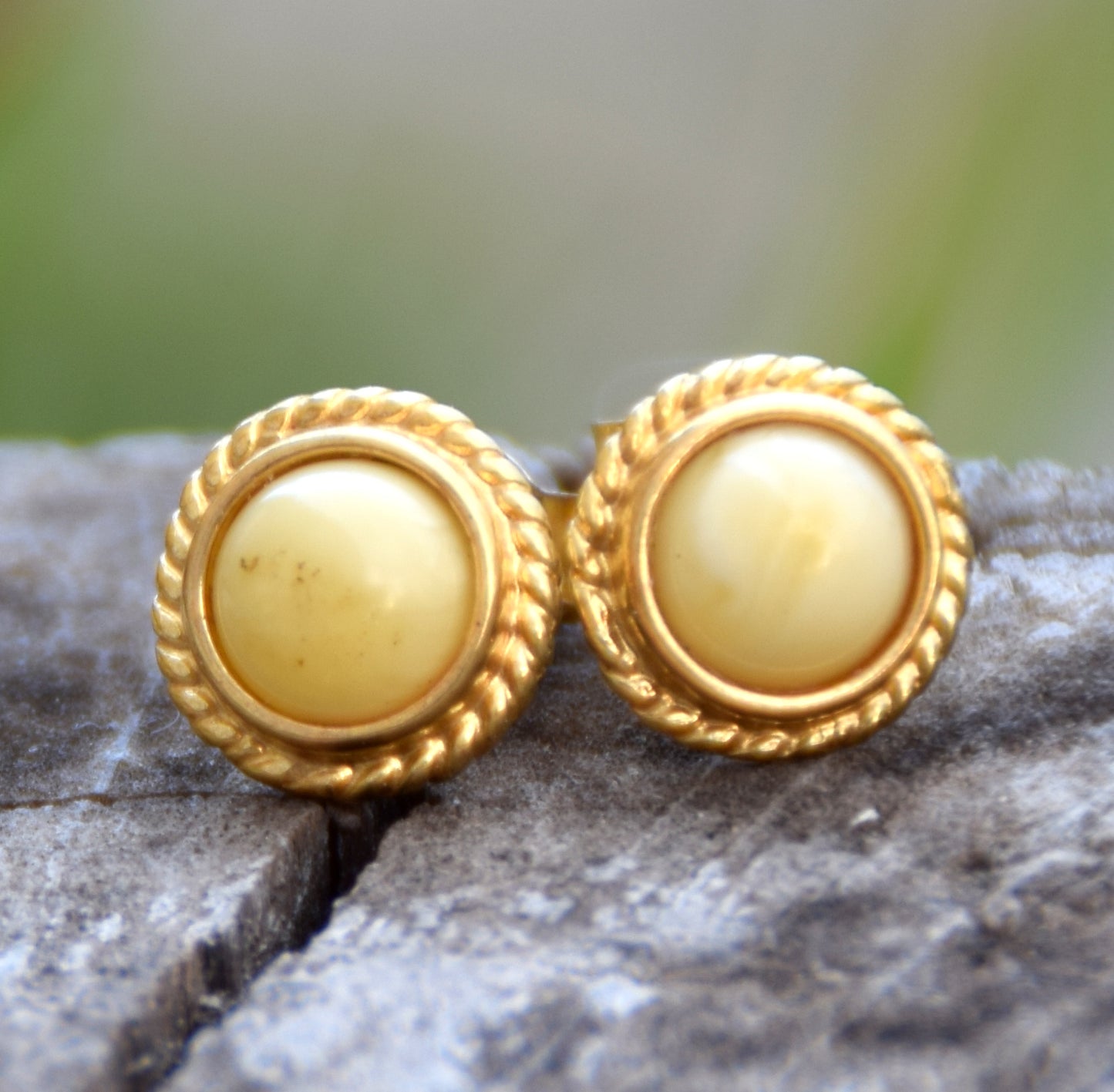 MJ Baltica, earrings, natural Baltic Amber, 925 Silver, 14k Gold plated, imperial amber, vintage, round, BZK077