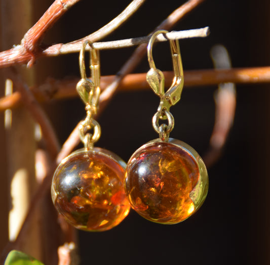 MJ Baltica, orecchini, Ambra naturale Baltica, Argento 925, placcato in Oro 18k, tondo, grande, pendente, artigianale, BZK083
