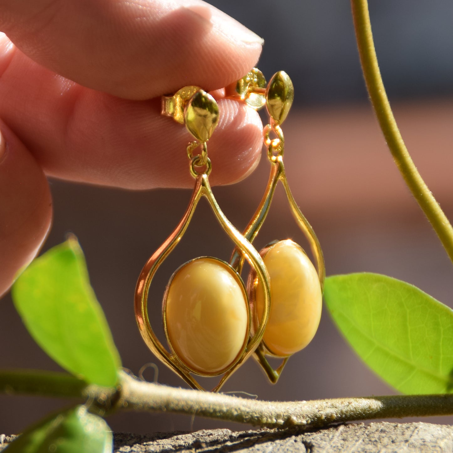 Luminous earrings with natural Imperial Amber and 18k Gold plated 925 Sterling Silver, MJ Baltica, BZK089