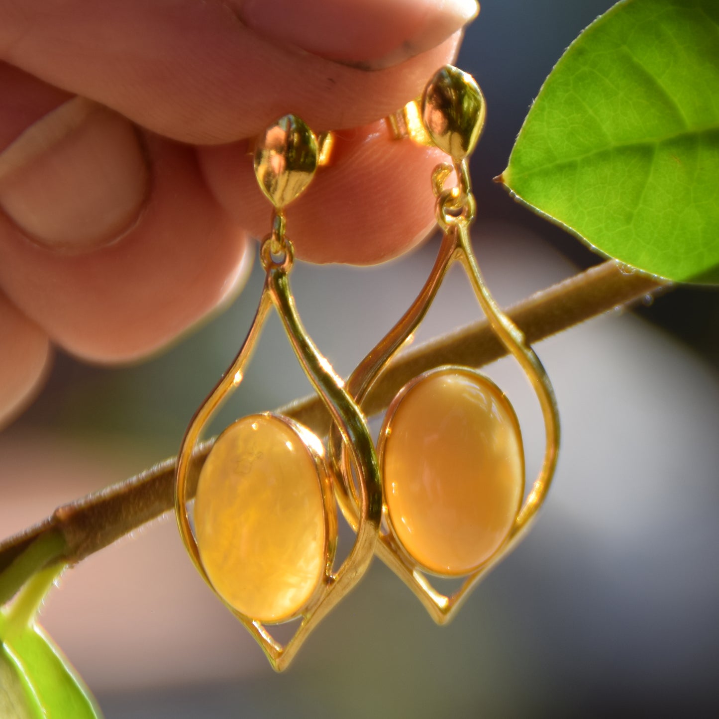 Luminous earrings with natural Imperial Amber and 18k Gold plated 925 Sterling Silver, MJ Baltica, BZK089