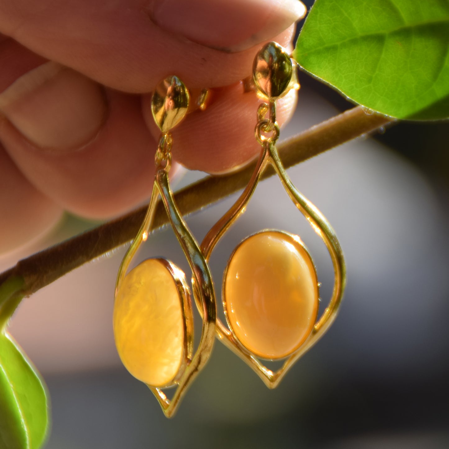 Luminous earrings with natural Imperial Amber and 18k Gold plated 925 Sterling Silver, MJ Baltica, BZK089