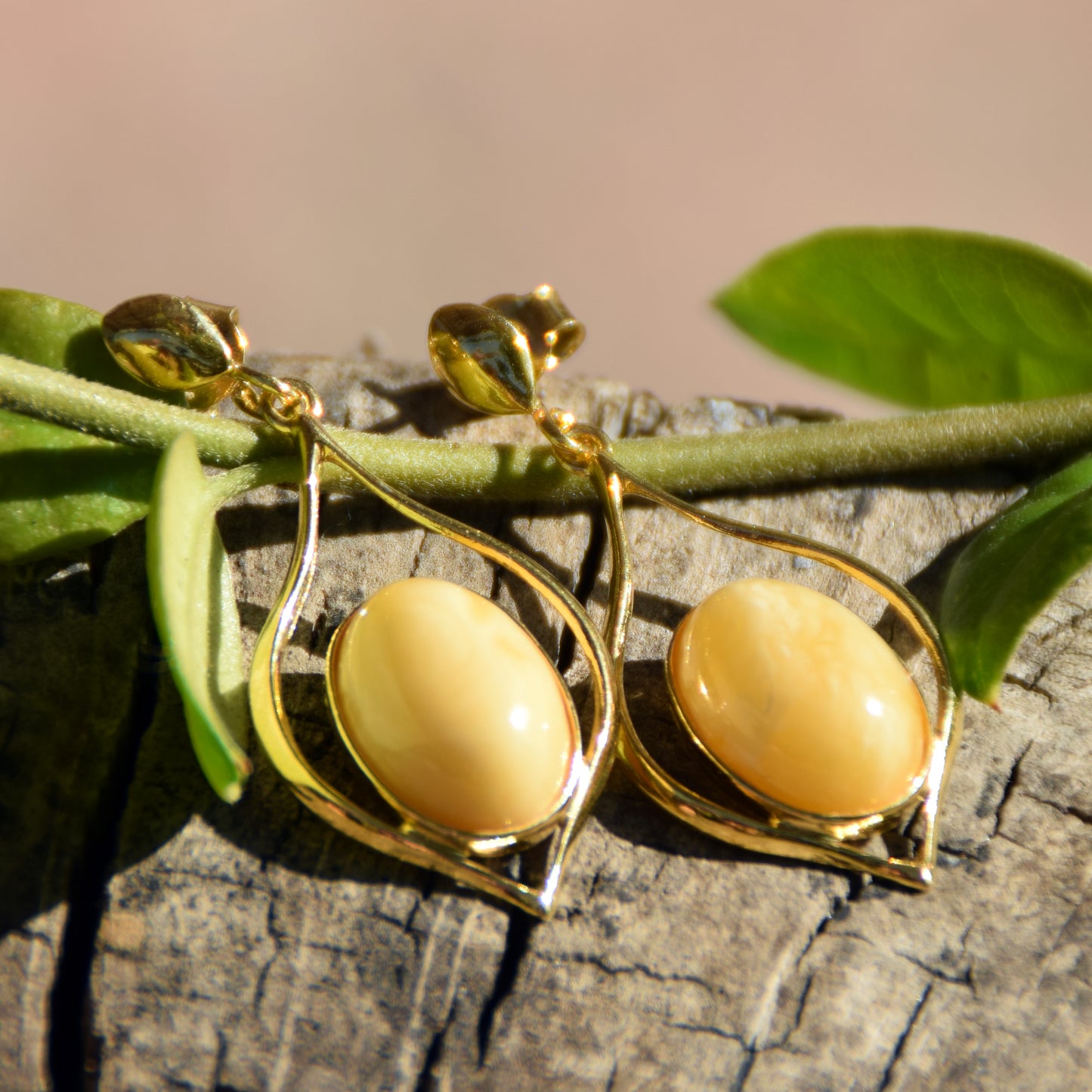 Luminous earrings with natural Imperial Amber and 18k Gold plated 925 Sterling Silver, MJ Baltica, BZK089