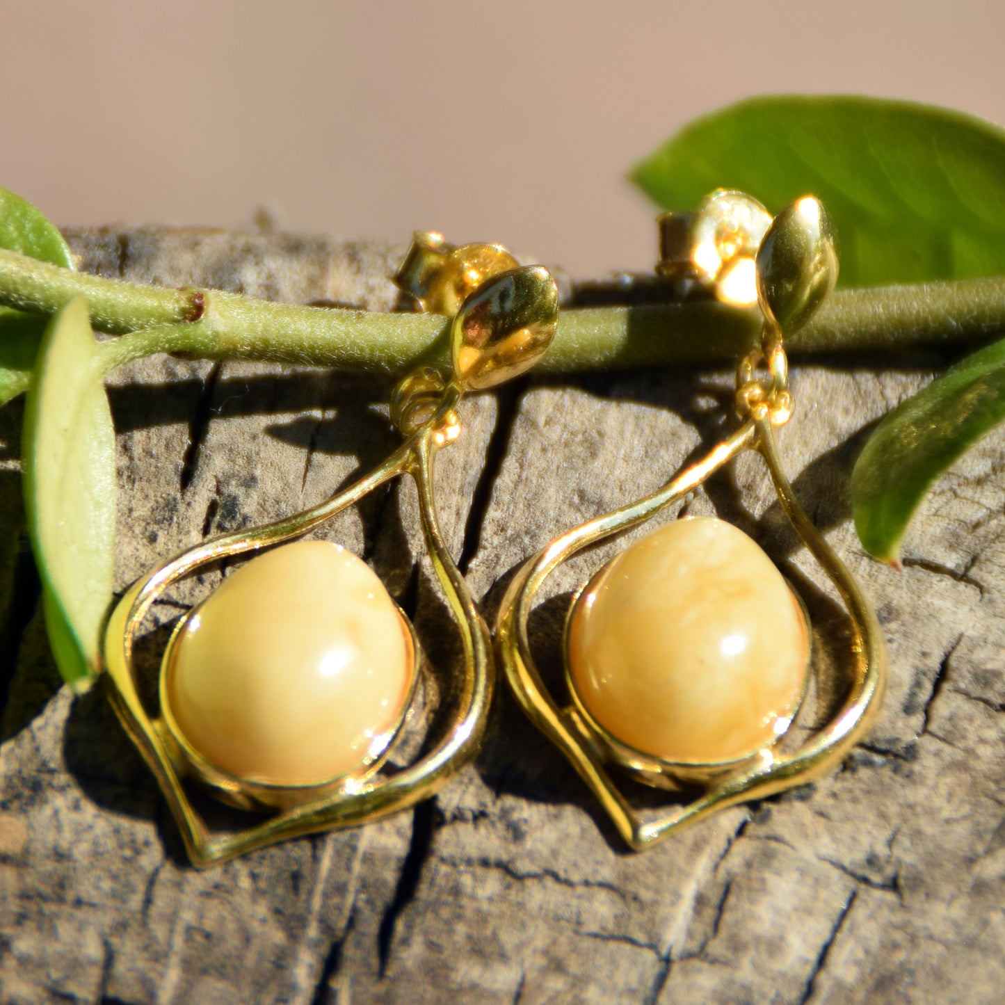 Luminous earrings with natural Imperial Amber and 18k Gold plated 925 Sterling Silver, MJ Baltica, BZK089