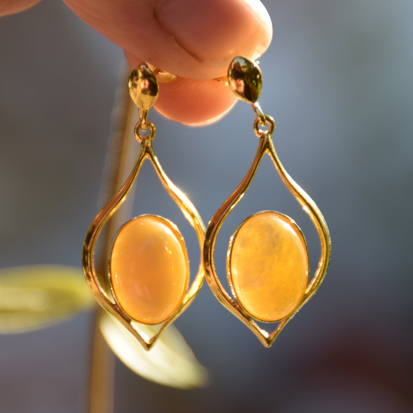 Luminous earrings with natural Imperial Amber and 18k Gold plated 925 Sterling Silver, MJ Baltica, BZK089