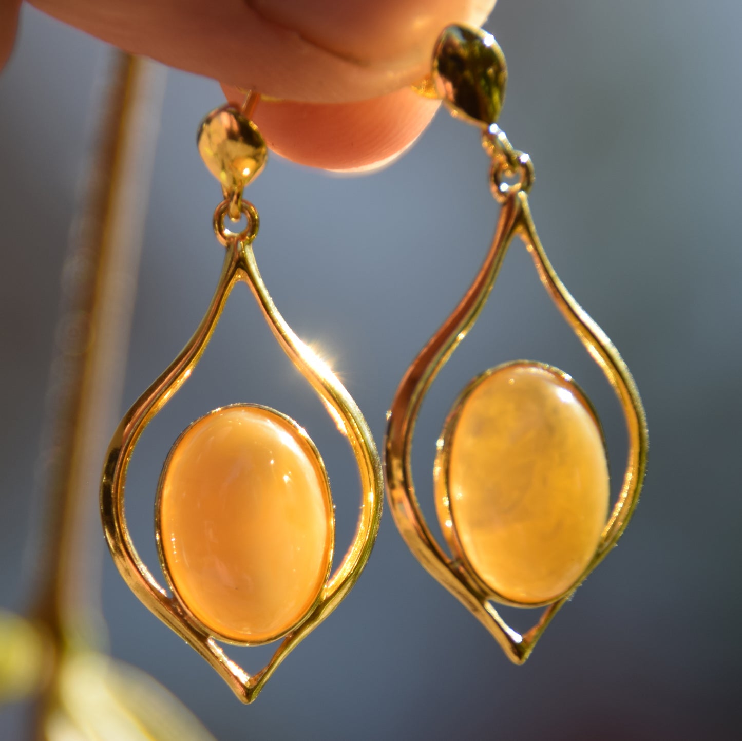 Luminous earrings with natural Imperial Amber and 18k Gold plated 925 Sterling Silver, MJ Baltica, BZK089