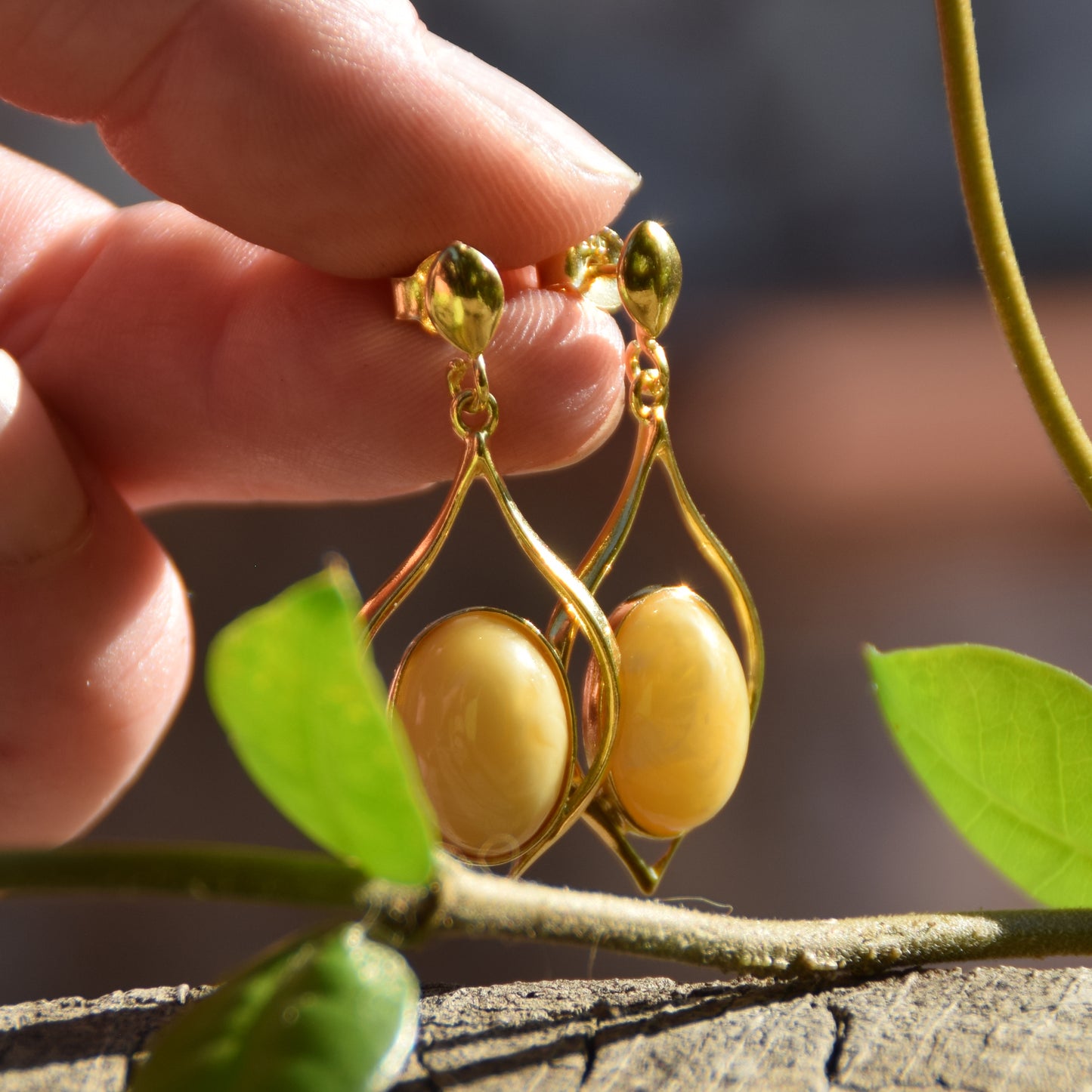 Luminous earrings with natural Imperial Amber and 18k Gold plated 925 Sterling Silver, MJ Baltica, BZK089
