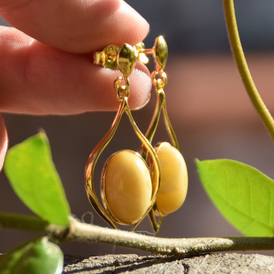 Luminous earrings with natural Imperial Amber and 18k Gold plated 925 Sterling Silver, MJ Baltica, BZK089