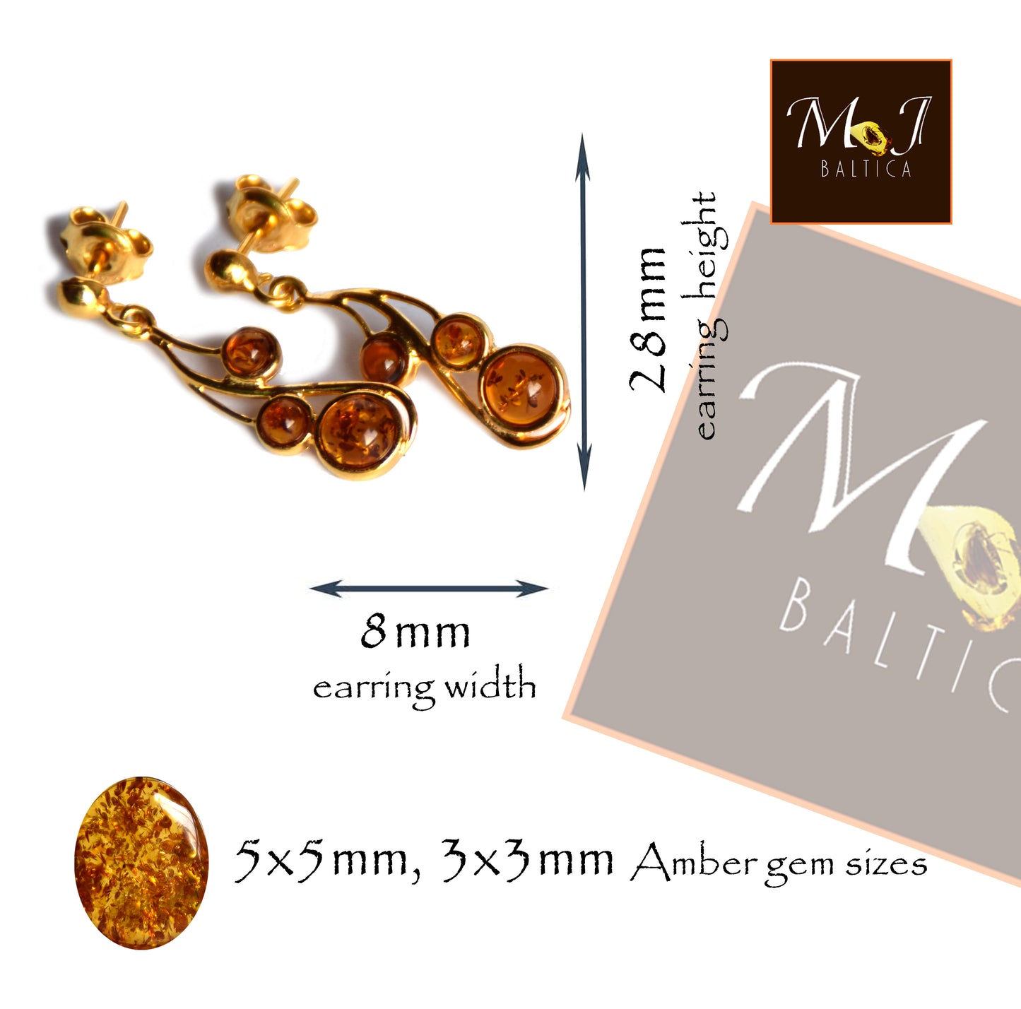 Zarte Ohrringe aus natürlichem, cognacfarbenem Bernstein und 925er Sterlingsilber, 18 Karat vergoldet, MJ Baltica, BZK090