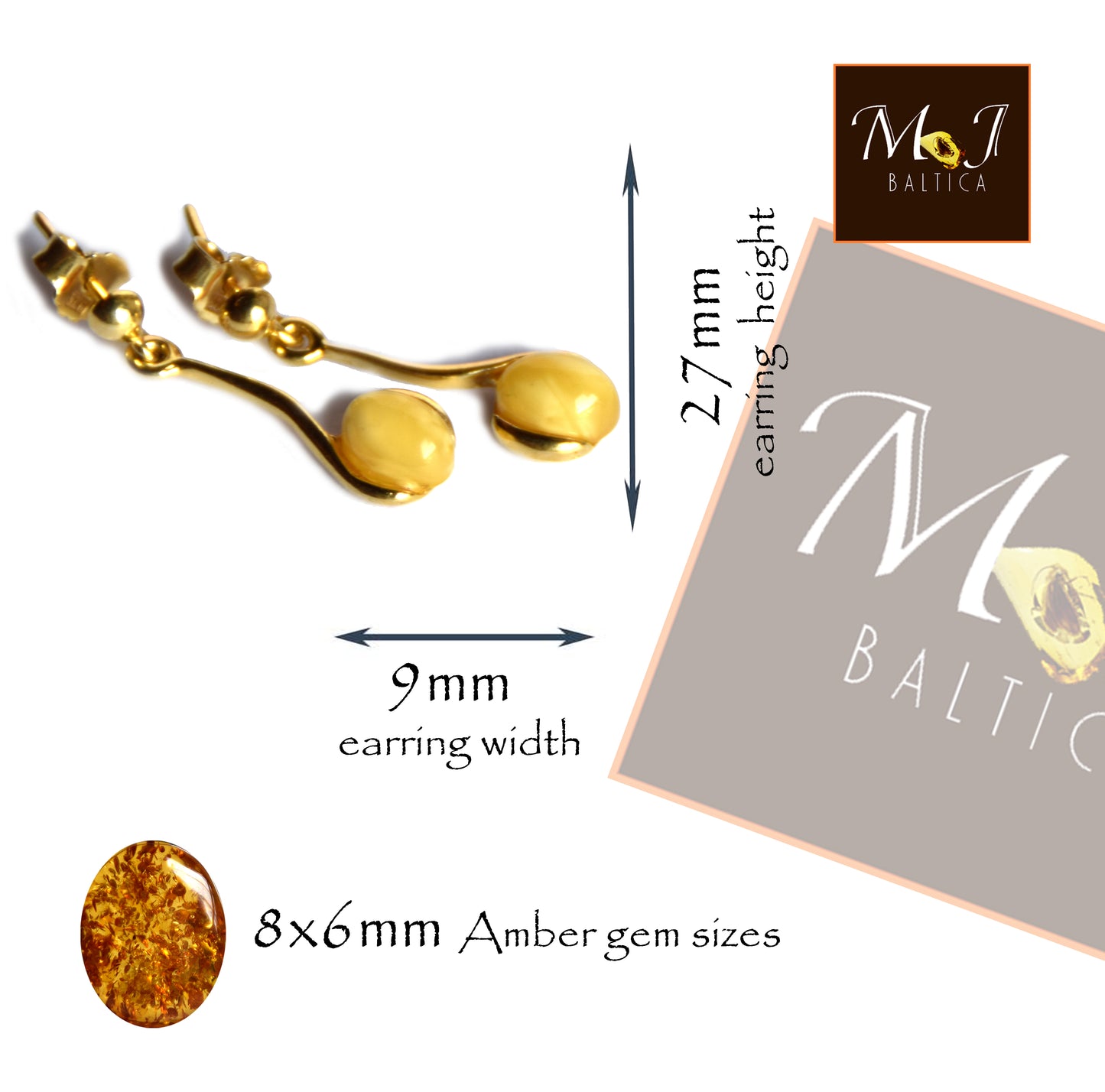 MJ Baltica, earrings, natural Baltic Amber, 925 Silver, 14k Gold plated, fine, imperial amber, bright, elegant, BZK091