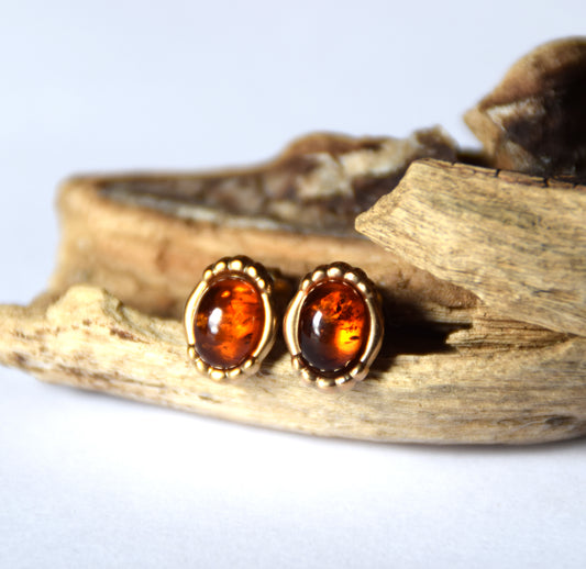 MJ Baltica, earrings, natural Baltic Amber, 925 Silver, 14k Gold plated, cognac, luminous, vintage, handcrafted, BZK096