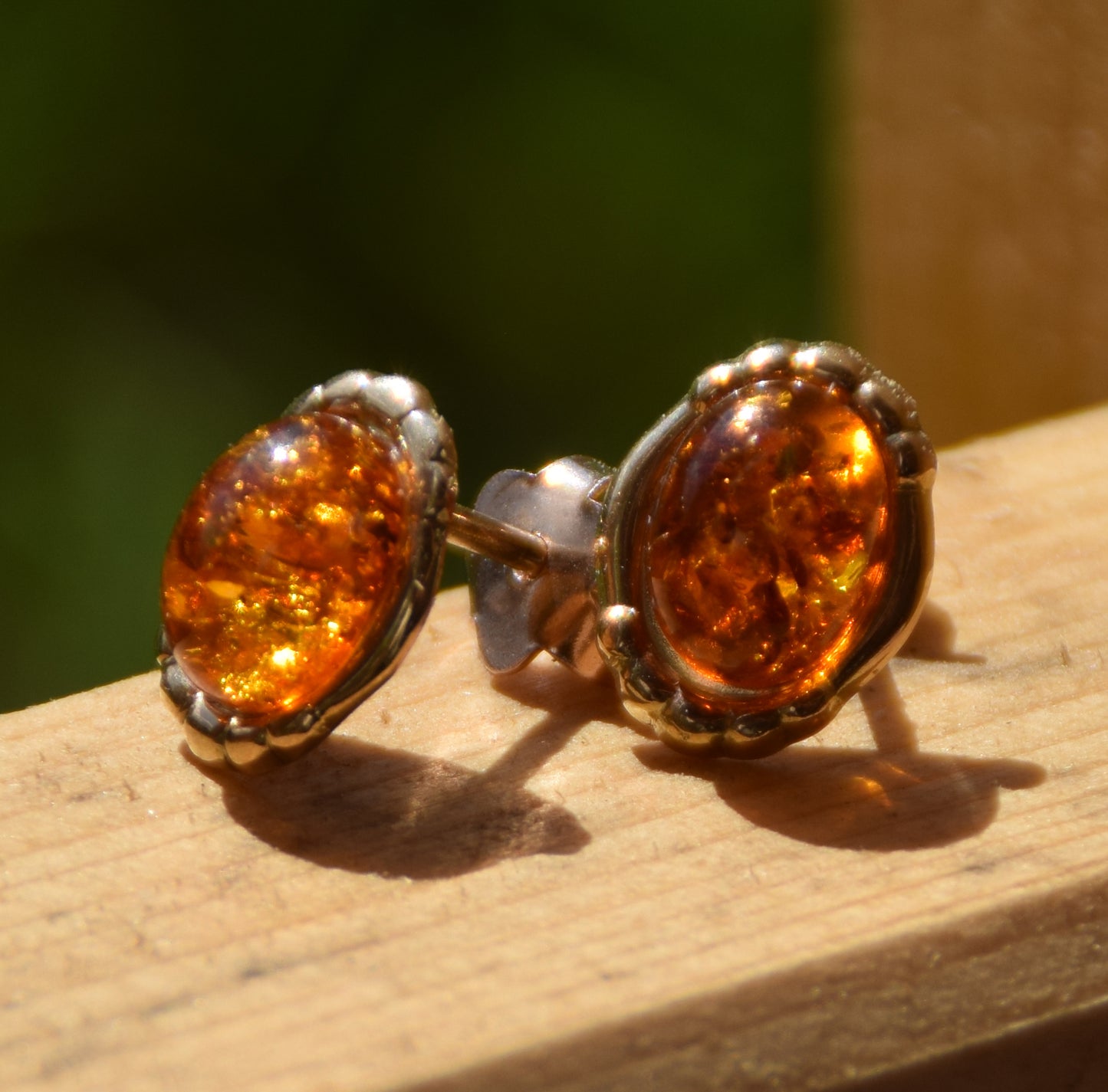 MJ Baltica, earrings, natural Baltic Amber, 925 Silver, 14k Gold plated, cognac, luminous, vintage, handcrafted, BZK096