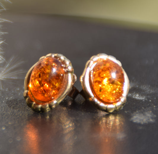 MJ Baltica, orecchini, Ambra naturale Baltica, Argento 925, placcato in Oro 18k, cognac, luminoso, vintage, artigianale, BZK096
