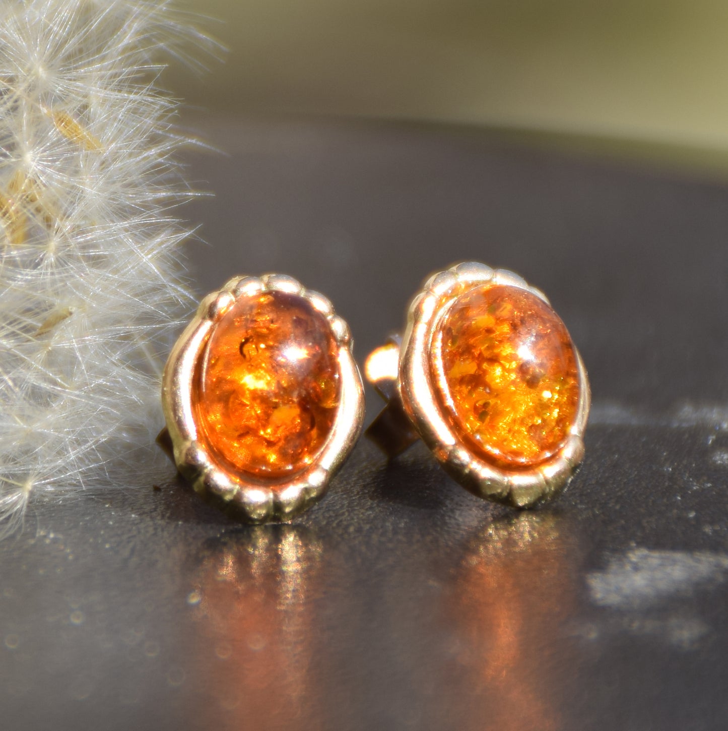 MJ Baltica, earrings, natural Baltic Amber, 925 Silver, 14k Gold plated, cognac, luminous, vintage, handcrafted, BZK096