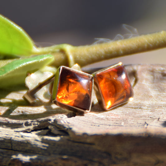 Delicate square earrings with cognac-colored natural Amber and 18k Gold-plated 925 Sterling Silver, MJ Baltica, BZK097