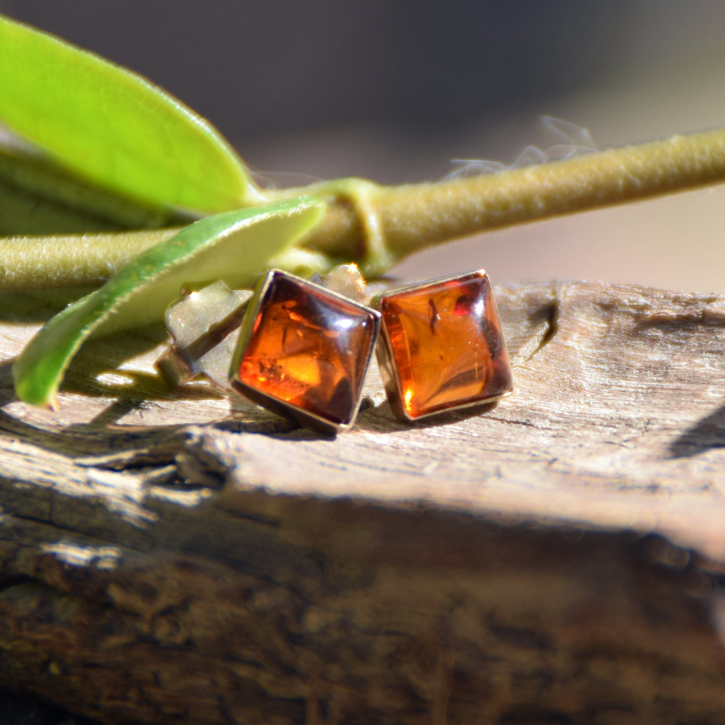 Delicati orecchini quadrati con Ambra naturale color cognac e Argento 925 placcato in Oro 18k, MJ Baltica, BZK097