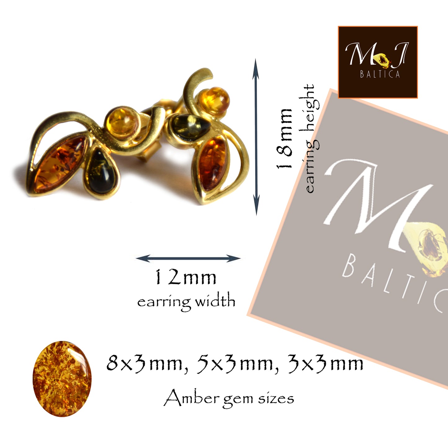 Elegante Blumenohrringe mit Naturbernstein in verschiedenen Farbtönen und 18k vergoldetem 925er Silber, MJ Baltica, BZK102