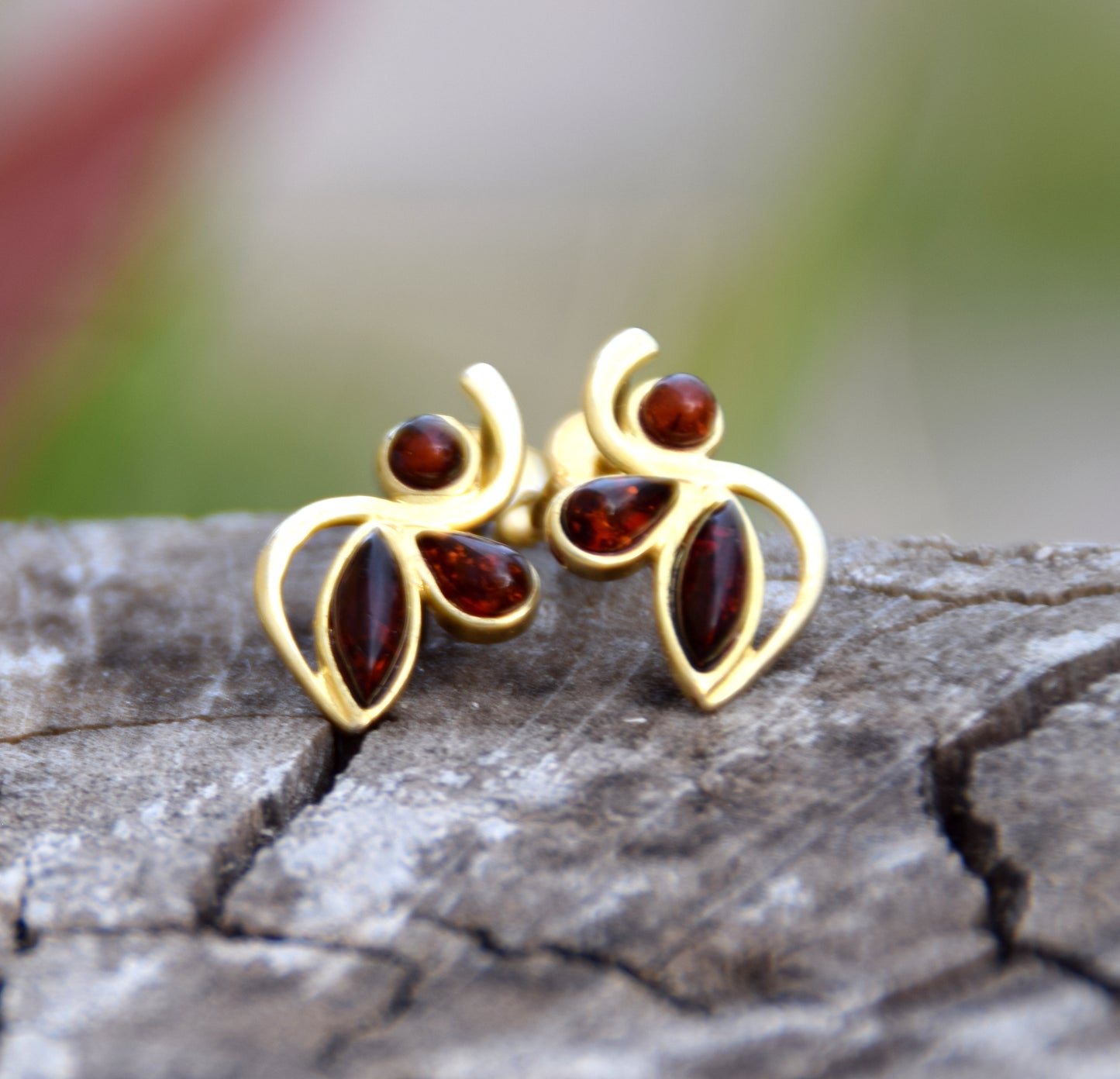 MJ Baltica, orecchini, Ambra naturale Baltica, Argento 925, placcato in Oro 18k, ambra cigliegia, luminoso, artigianale, BZK104