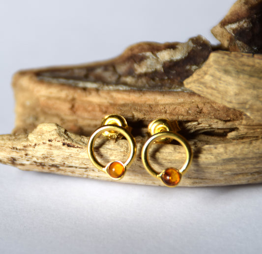 MJ Baltica, earrings, natural Baltic Amber, 925 Silver, 14k Gold plated, cognac, luminous, handcrafted, BZK105