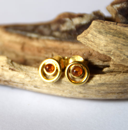 MJ Baltica, earrings, natural Baltic Amber, 925 Silver, 14k Gold plated, cognac, luminous, handcrafted, BZK106