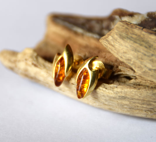 MJ Baltica, earrings, natural Baltic Amber, 925 Silver, 14k Gold plated, cognac, luminous, handcrafted, BZK107