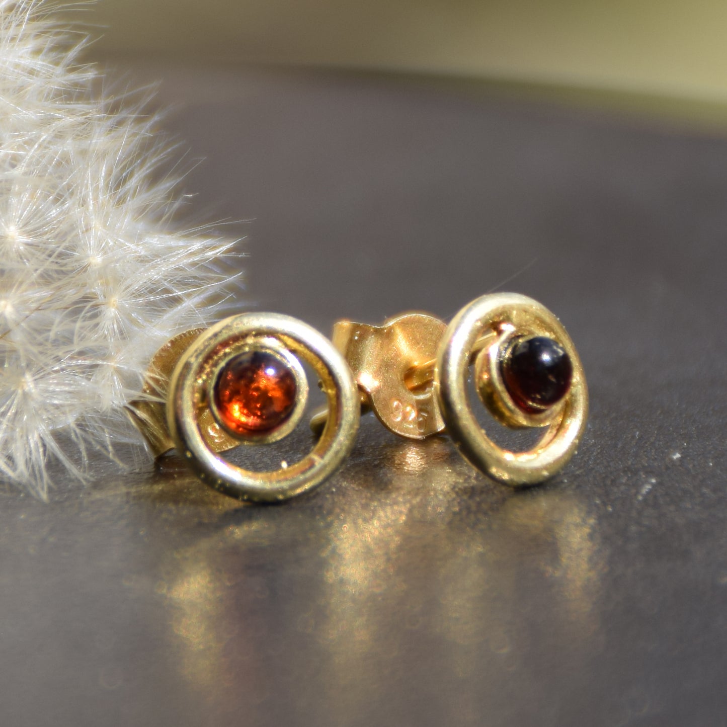 MJ Baltica, earrings, natural Baltic Amber, 925 Silver, 14k Gold plated, dark brown, luminous, handcrafted, BZK108