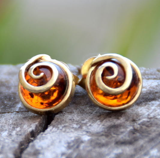 MJ Baltica, orecchini, Ambra naturale Baltica, Argento 925, placcato in Oro 18k, cognac, luminoso, artigianale, BZK110