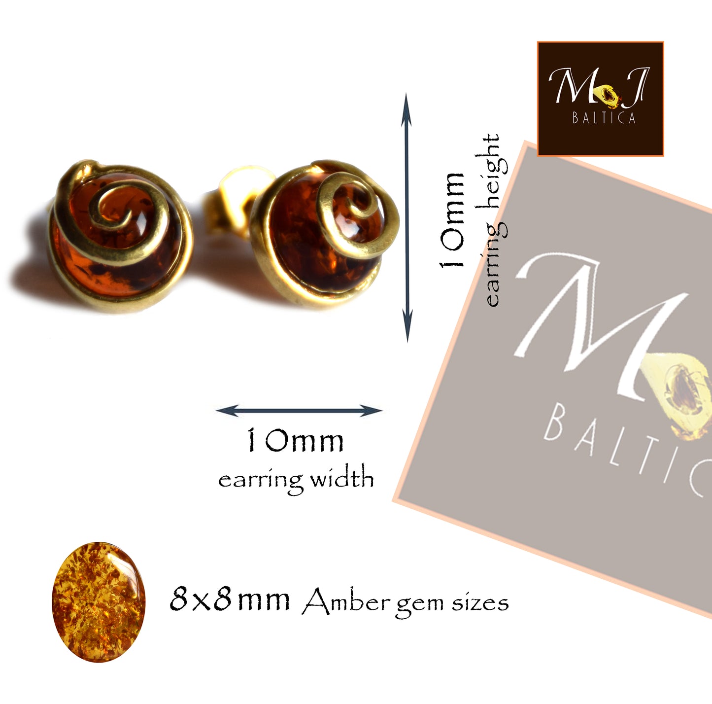 MJ Baltica, earrings, natural Baltic Amber, 925 Silver, 14k Gold plated, cognac, luminous, handcrafted, BZK110