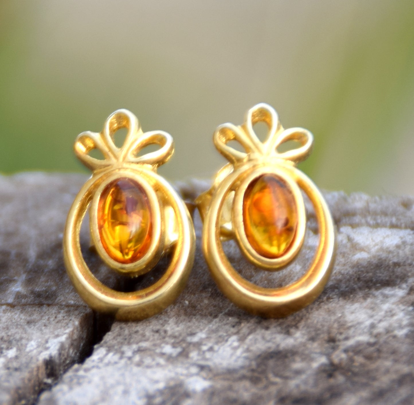 MJ Baltica, orecchini, Ambra naturale Baltica, Argento 925, placcato in Oro 18k, cognac, luminoso, artigianale, BZK111