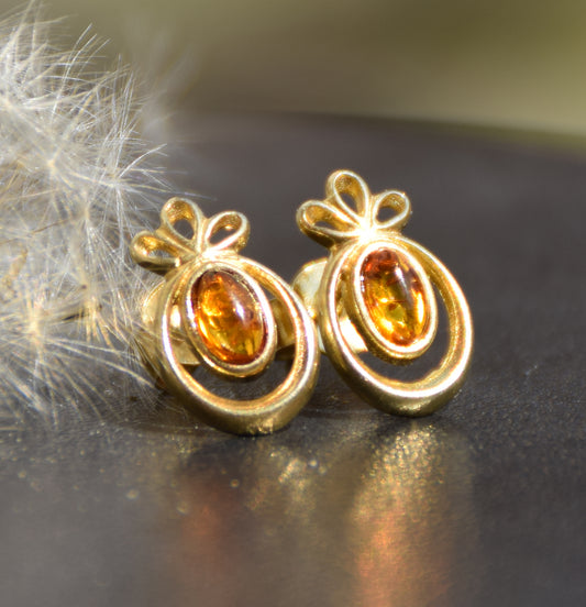 MJ Baltica, orecchini, Ambra naturale Baltica, Argento 925, placcato in Oro 18k, cognac, luminoso, artigianale, BZK111