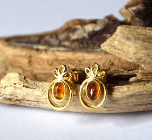 MJ Baltica, earrings, natural Baltic Amber, 925 Silver, 14k Gold plated, cognac, luminous, handcrafted, BZK111