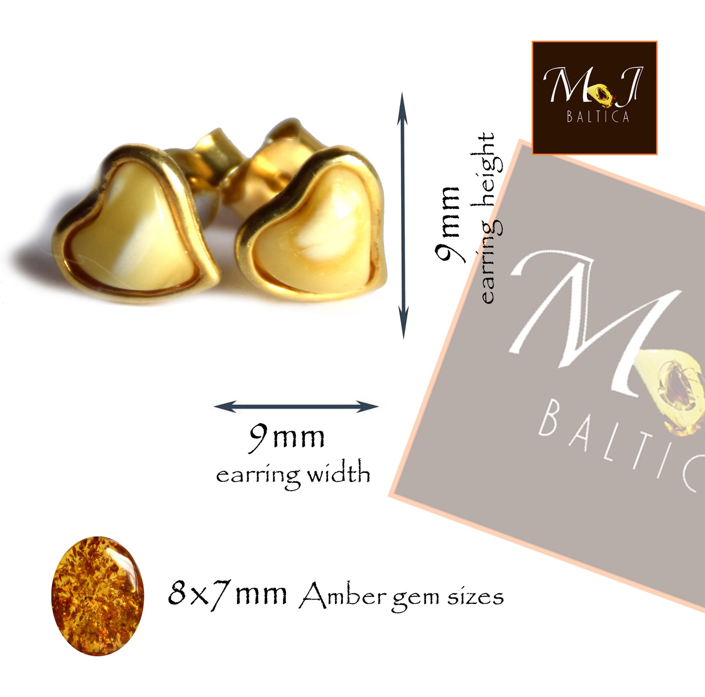 Romantici orecchini a cuore in Ambra naturale imperiale color crema e Argento 925 placcato in Oro 18k, MJ Baltica, BZK113