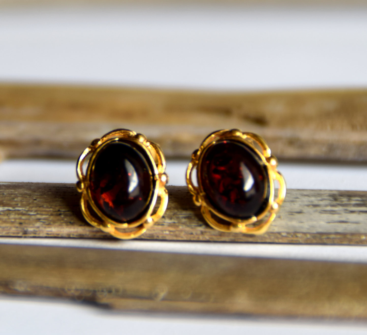 MJ Baltica, earrings, natural Baltic Amber, 925 Silver, 14k Gold plated, cherry amber, luminous, handcrafted, BZK116