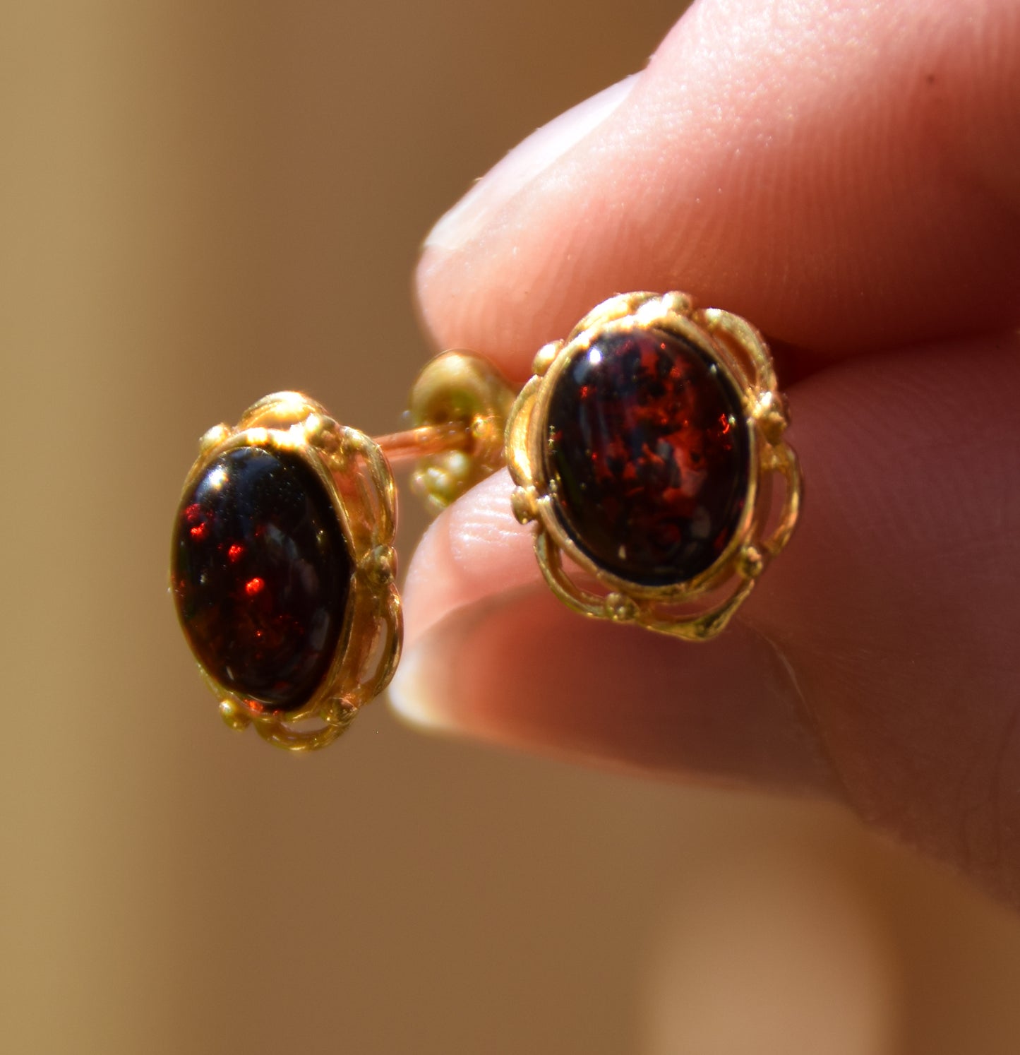 MJ Baltica, earrings, natural Baltic Amber, 925 Silver, 14k Gold plated, cherry amber, luminous, handcrafted, BZK116