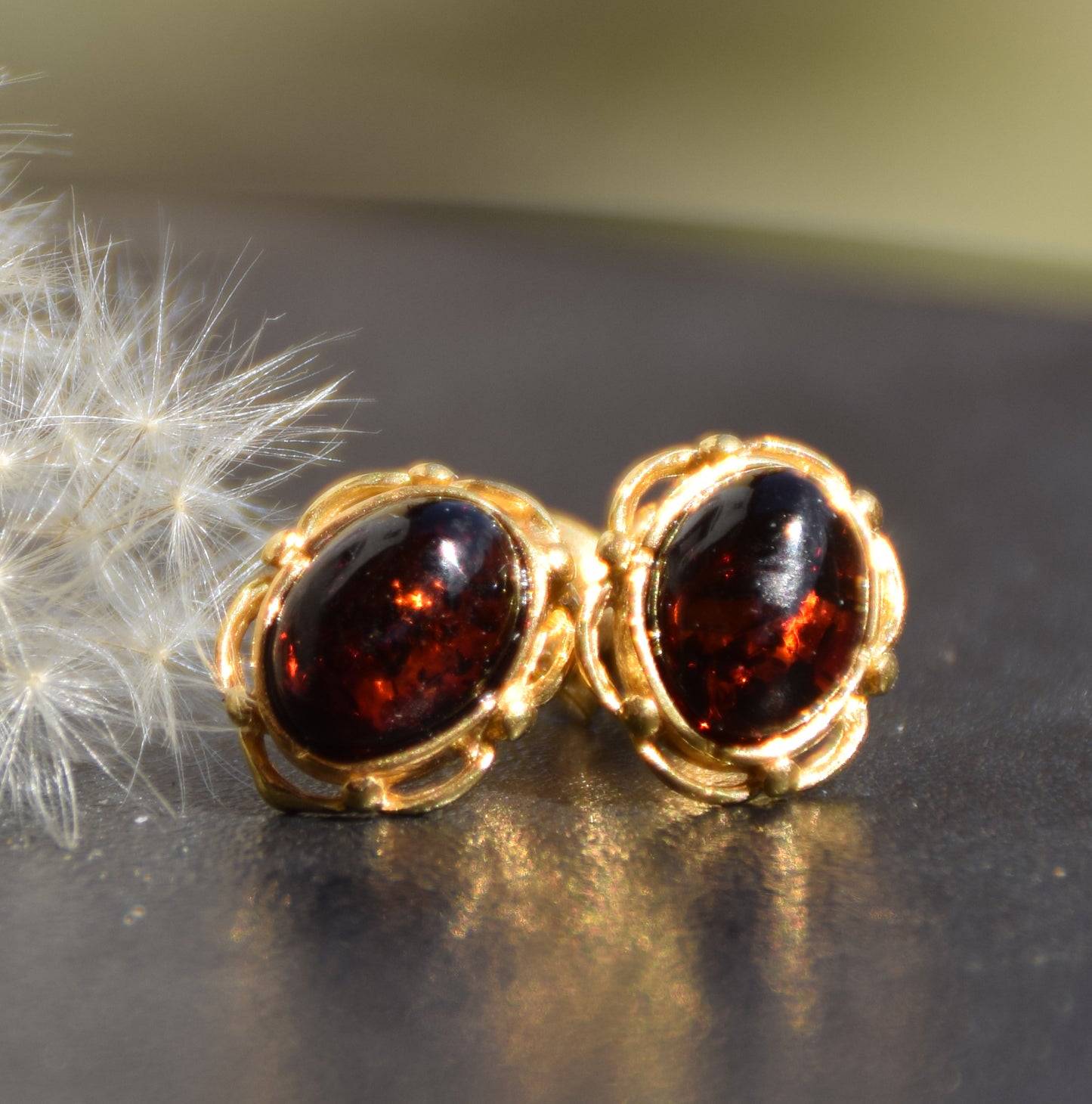 MJ Baltica, earrings, natural Baltic Amber, 925 Silver, 14k Gold plated, cherry amber, luminous, handcrafted, BZK116