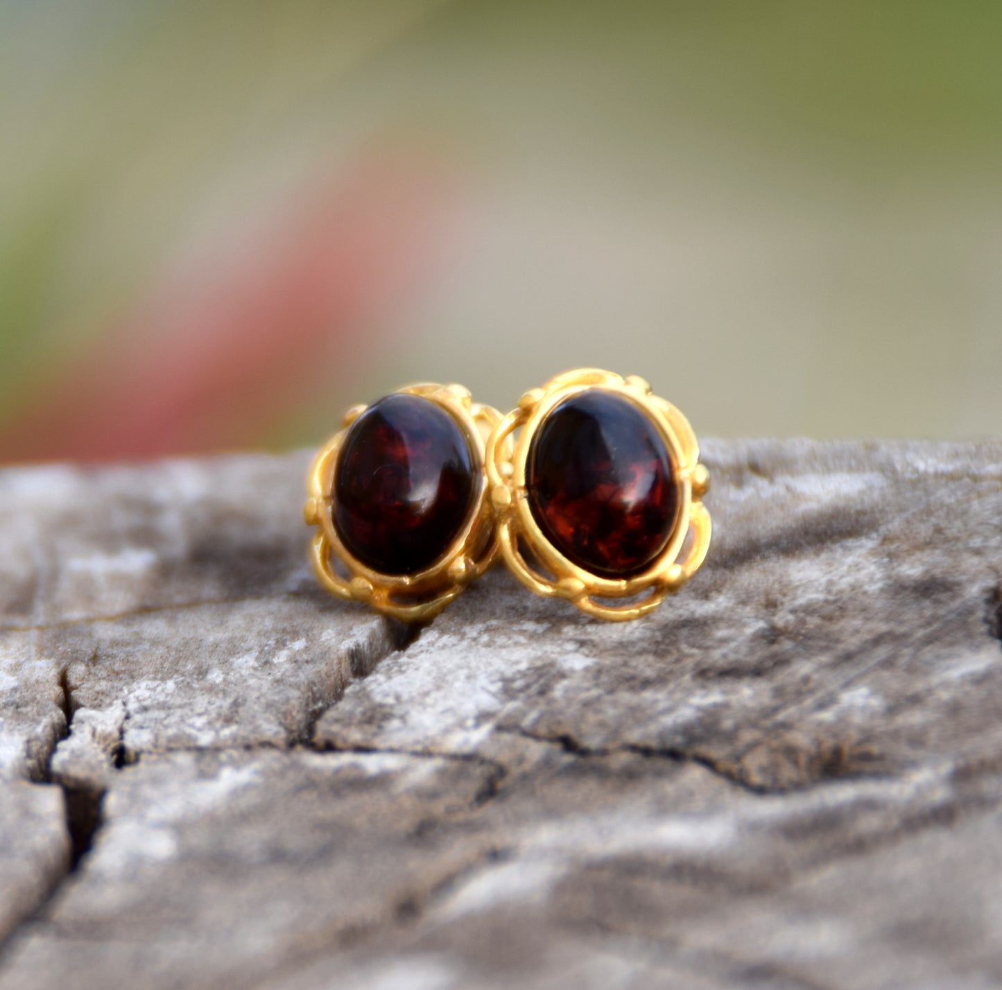 MJ Baltica, earrings, natural Baltic Amber, 925 Silver, 14k Gold plated, cherry amber, luminous, handcrafted, BZK116